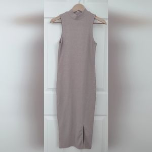 high neck oatmeal colored dress with slit